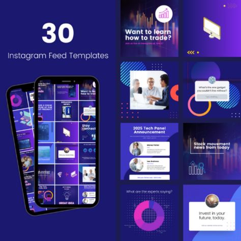 Blue and purple cyber social media templates for Instagram feed layout. Using 1080x1080px layout, these templates encourage engagement and are eye catching. Blue Instagram Feed, Instagram Infographic, Cohesive Instagram Feed, Blue Instagram, Recruitment Poster, Free Handwriting, Stock Broker, Social Media Poster, Purple Colour