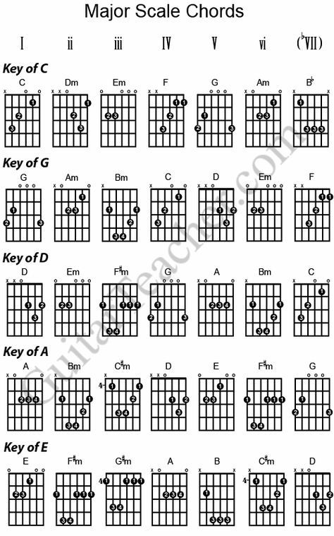 Image from http://guitarteacher.com/wp-content/uploads/2009/02/majorscalechords.gif. Chords For Guitar, Guitar Basics, Guitar Chords And Scales, Guitar Keys, Chords Guitar, Guitar Chord Progressions, Guitar Cord, Learn Guitar Chords, Music Theory Guitar