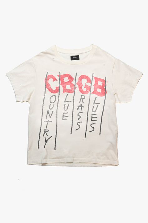 Celebrating 50 years of the most iconic venue in music history, the home of underground rock & the birthplace of punk. Other x CBGB  Every T-shirt has been individually treated to create a unique and one off product, all hand washed, printed, distressed, aged, beaten, blasted & burned here in our UK studio using our signature blend of authentic vintage plastisol inks for the perfect worn-in” vintage vibe, look and feel.    *Colour & Print may vary slightly due to the nature of the washing proces Streetwear Graphic Design T Shirts, Vintage Tour Shirt, Vintage T-shirt, Vintage Supreme, Tshirt Prints, Clothing Prints, Vintage Shirt Design, Print On T Shirt, Vintage Colours