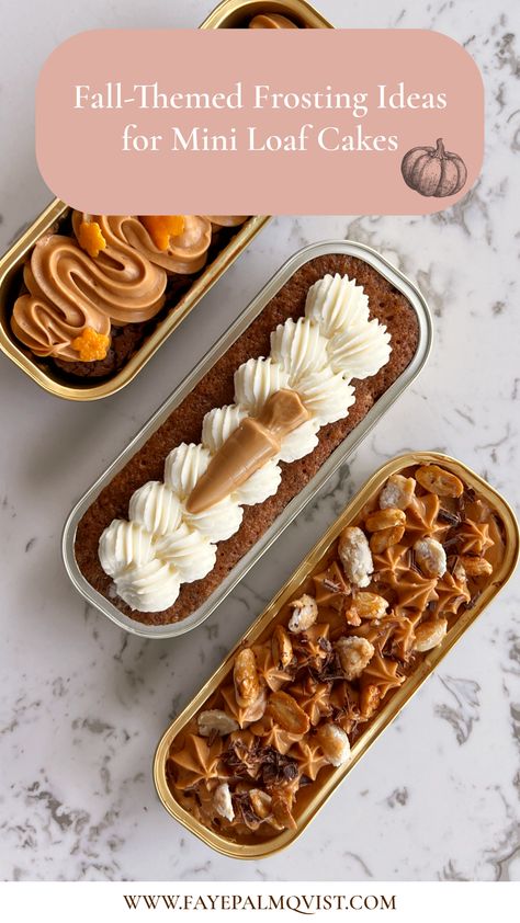 🍂 Fall-Themed Frosting Ideas for Mini Loaf Cakes! 🍁  Top off your autumn bakes with these cozy, seasonal frostings:  Maple Cream Cheese 🍁 Cinnamon Honey Buttercream 🍯 Brown Butter Pumpkin Spice 🎃 Salted Caramel Pecan 🥜 Chai Spiced Buttercream ☕ Perfect for adding a delicious fall twist to your mini loaf pan cakes!  #FallBaking #MiniLoafCakes #miniloafpancakes #FrostingFlavors #AutumnSweets Browned Butter Pecan Cake, Thanksgiving Mini Loaf Cakes, Fall Petit Fours, Fall Mini Loaf Cakes, Christmas Mini Loaf Cakes Ideas, Thanksgiving Mini Cakes, Mini Cake Pan Recipes, Mini Loaf Pan Cakes Recipes, Mini Loaf Cakes Ideas