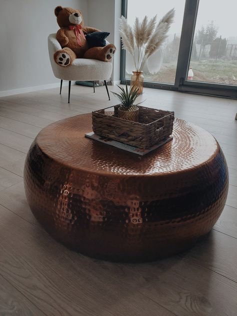 Copper House Accents, Copper Home Accents, Navy And Copper Living Room, Black And Copper Living Room, Copper Living Room Decor, Copper Decor Living Room, Round Copper Coffee Table, Copper End Table, Dark Eclectic