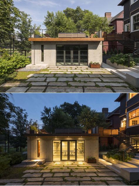 Dining Area With Bench, Garage With Rooftop Deck, Flat Roof Deck, Salvador House, Rooftop Deck Ideas, Greenhouse Attached To House, Custom Hot Tubs, House Rooftop, Concrete Garage