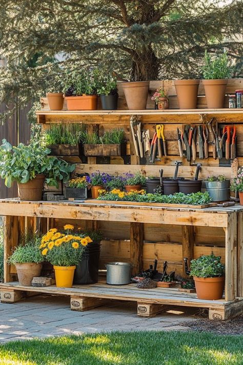 Create a functional potting bench using wooden pallets for your garden projects. #GardenProjects #DIYPottingBench #PalletProjects Garden Table Diy Potting Benches Work Stations, Diy Pallet Potting Bench, Potting Bench From Pallets, Outdoor Gardening Table, Planting Station Potting Tables, Diy Potting Station, Potting Bench Ideas With Sink, Potting Tables Diy, Winterize Plants