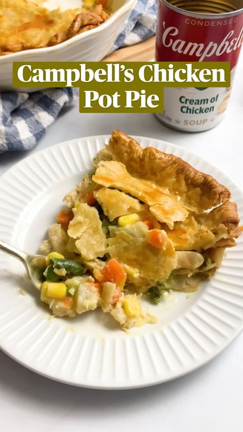 This Campbell’s Chicken Pot Pie is the perfect classic comfort food. Flakey on the outside yet warm and gooey in the center, every bite transports your tastebuds back to childhood! Campbells Chicken Pot Pie Recipe Easy, Chicken Pot Pie Campbells Soup, Chicken Pot Pie With Potatoes, Campbells Chicken Pot Pie, Chicken Pop Pie, Chicken Pie Recipe Easy, Chicken Pot Pie Easy, Pasta Crockpot, Condensed Cream Of Chicken Soup