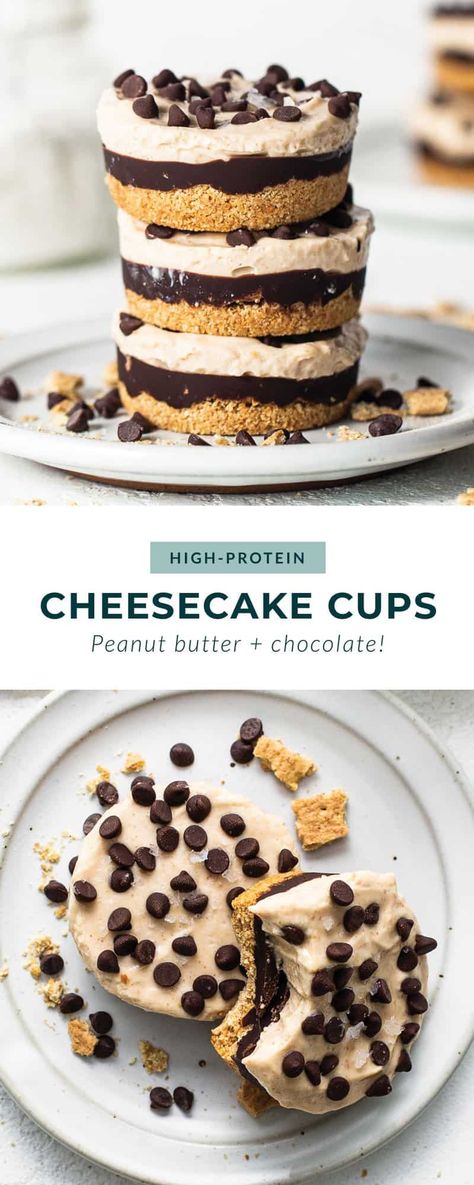 You’ll absolutely love these peanut butter chocolate cheesecake cups! They’re protein-packed thanks to blended cottage cheese, and taste just like cheesecake. Protein Cottage Cheese Cheesecake, Cottage Cheese Peanut Butter Cookies, Protein Snacks Cottage Cheese, Cottage Cheese Mini Cheesecake, Mini Cottage Cheese Cheesecake, Mini Protein Cheesecake, High Protein Cheesecake Cup, Chocolate Cottage Cheese Cheesecake, Breakfast Cottage Cheese Recipes