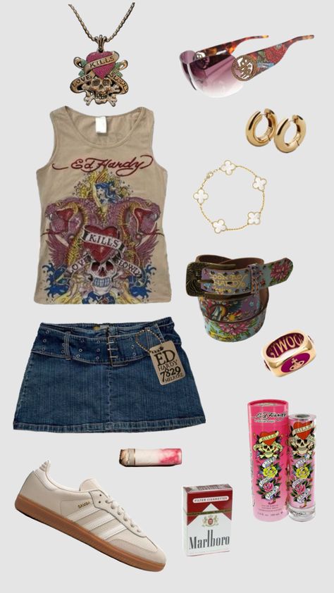 Ed hardy outfit #edhardy #outfit #rockstargf Ed Hardy Outfit, Mcbling Fashion, 2000s Outfits, Sporty Outfits, Artist Style, Ed Hardy, Fashion Pictures, Spring Outfits, New Era