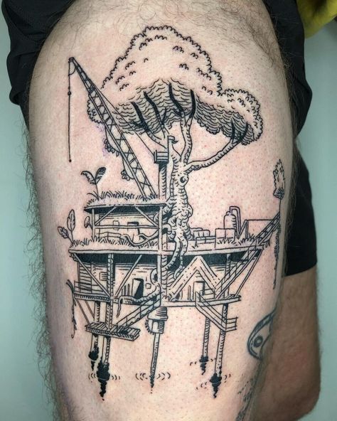 Dusty Cramer on Instagram: “Overgrown oil rig . . . #atlantatattooartist #brooklyn #ny #lineworktattoo #linetattoo #blackwork #blackworkerssubmission #blackworktattoo…” Howl's Moving Castle Tattoo, Nc Tattoo, Studio Ghibli Tattoo, Tatuagem Masculina Pequena, Ghibli Tattoo, Student Christmas Gifts, Howl's Moving Castle, Line Work Tattoo, Top Tattoos