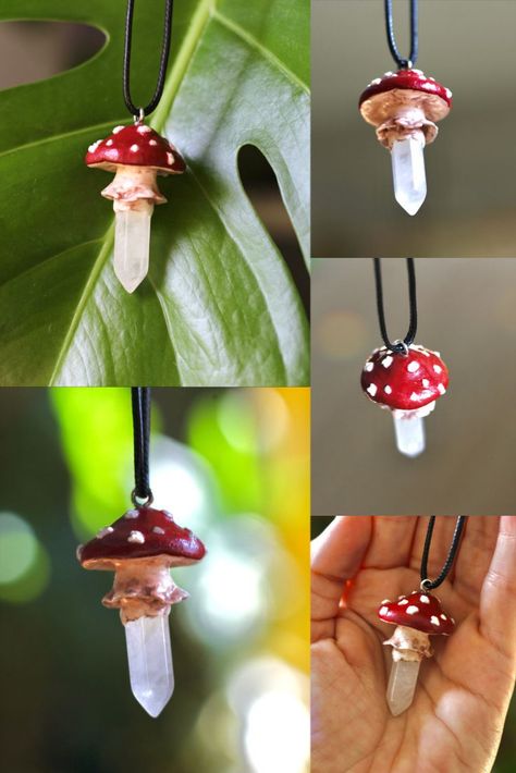 Crystal Mushroom Necklace Clay Diy, Clay And Crystal Jewelry, Polymer Clay Crystal Jewelry, Air Dry Earrings, Clay With Crystals, Clay Crafts Mushroom, Things To Make With Polymer Clay, Mushroom Crafts Diy, Useful Clay Projects