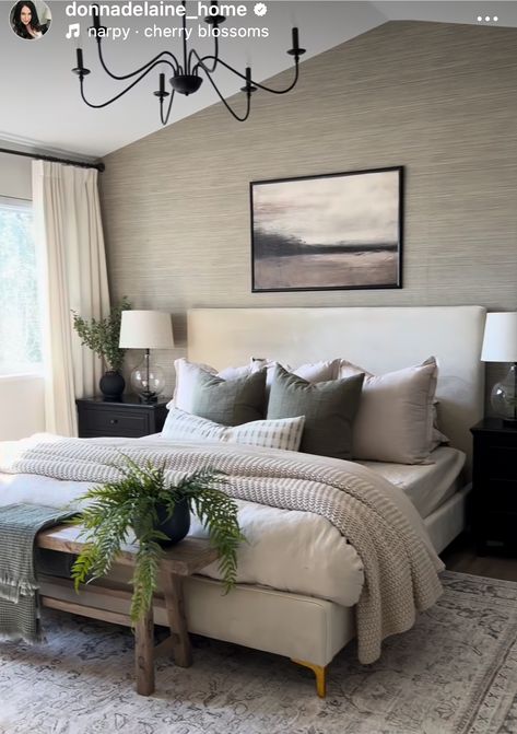 Black White Beige Blue Bedroom, Oatmeal And Green Bedroom, Black Gray Tan Bedroom, Gray Brown Black Bedroom, Bedroom Inspirations With Plants, Grey Walled Bedroom, Primary Bedroom With Carpet, Cream Bedframe Room Decor, Light Bedroom With Dark Furniture