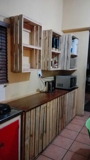 Pallet kitchen cupboards Pallet Wall Cabinet, Pallet Cupboards Kitchen, Diy Pallet Cabinets, Pallet Kitchen Cabinets Small Spaces, Pallet Cabinets Kitchen, Kitchen Cabinets Made From Pallets, Pallet Cupboard, Kitchen Inspirations Rustic, Pallet Kitchen Cabinets