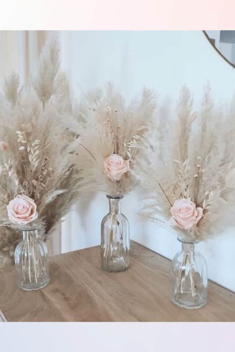 Pampas Grass and Rose Boho Graduation Party Centerpieces Highland Cow Centerpiece Ideas, Boho Baby Shower Centerpieces, Vases With Flowers, Bautizo Ideas, Boho Centerpiece, Lux Wedding, Womens Birthday, Idee Babyshower, Graduation Party Centerpieces