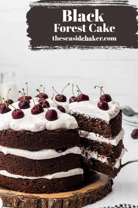 This Black Forest Cake is perfectly moist and so rich with the added flavor of dark cherries and layered between a cherry-flavored whipped topping. It will definitely satisfy every one of your sugar cravings! #blackforestcake #chocolatecake #cherries | See this and other delicious recipes at TheSeasideBaker.com Amazing Chocolate Cake, Black Forest Cake Recipe, Black Forest Cake, Forest Cake, Fresh Cherries, Black Forest, Cake Recipe, Whipped Cream, Chocolate Cake