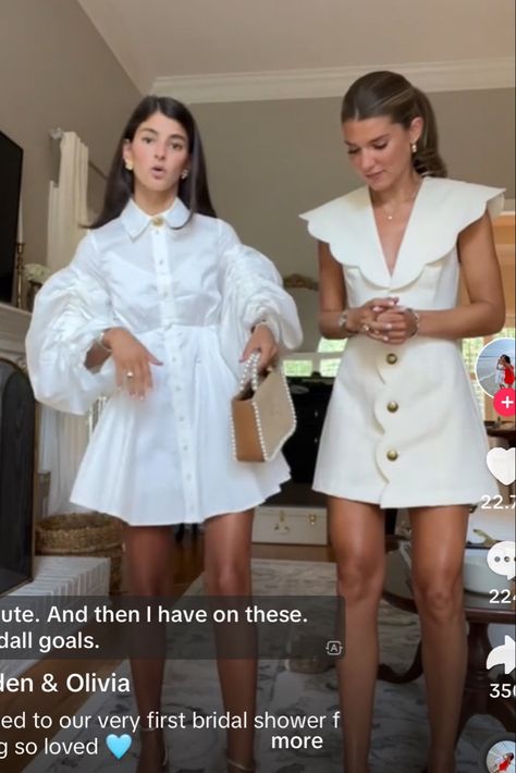 BRIDAL SHOWER BEAUTIESSSSS 💍 Olivia and Lunden Stallings Bridal Shower Outfits and Dupes ✨ white dress #bridalshower #wedding #bride #whitedress #LundenAndOlivia #StallingBachelorette #BennettStallings #BrideAndBride #FutureMrsStalling #BacheloretteVibes #anthropology #anthro #aje #PreWeddingCelebration #whitedress #BridalFashion #BrideStyle #LundenOliviaLove #oliviastallings #lundenrose #lundenrosestallings #lundenandliv #hillhouse #napdress #napdressdupe #hillhousehome #wlw #B Lunden Stallings And Olivia, Bridal Casual Outfit, Olivia Stallings Wedding Dress, Bridal Shower Winter Outfit, Olivia Stallings Outfits, Hen Party Outfits Guest, Engagement Party Bride Outfit, Day After Wedding Brunch Outfit, White Bridal Outfits