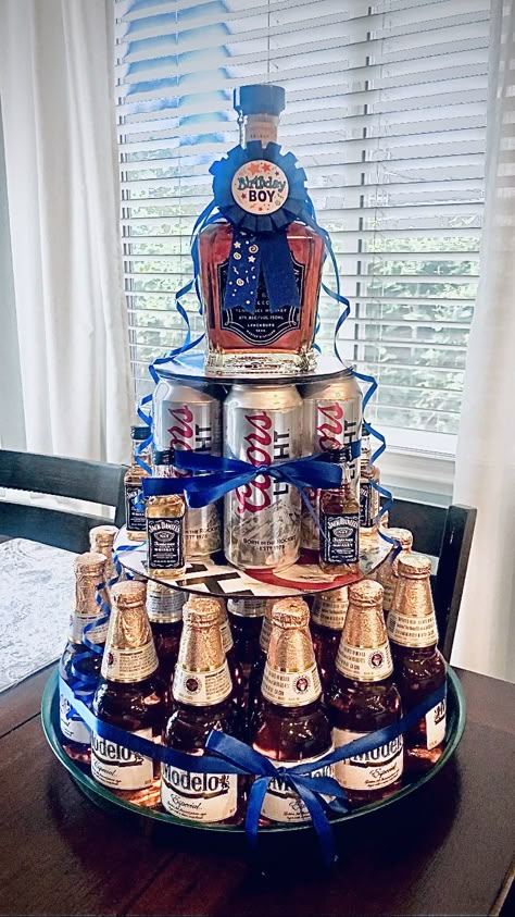 Alcohol Cake For Men, Beer Tower Gift, Beer Can Birthday Cakes For Men, Beer Cake With Bottles, Beer Tower Cake For Men, Men’s 21st Birthday Ideas, Beer Can Cake Tower, Beer Bottle Cake Tower, Beer Tower Cake