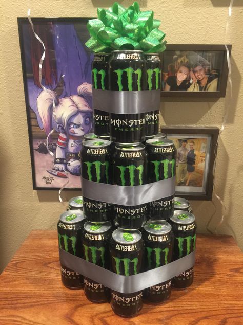 Monster Energy Birthday Cake, Monster Drink Cake, Energy Drink Gift Ideas, Monster Energy Tattoo, Monster Energy Cake, Happy Bday Cake, Drink Basket, Beer Cakes, Monster Room