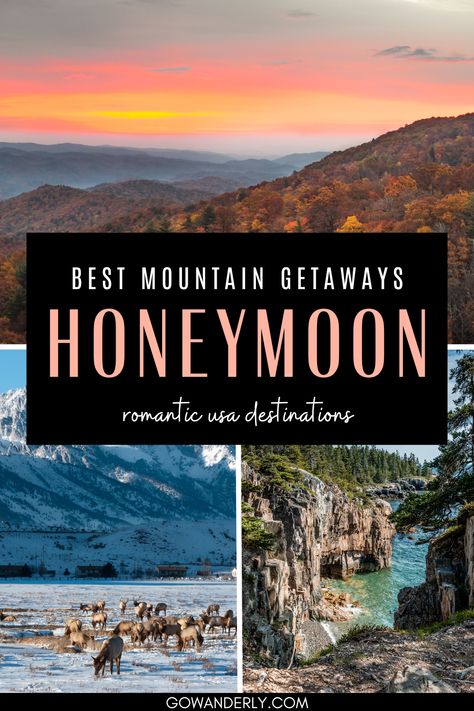 Discover the best mountain honeymoon destinations in the USA. Rocky Mountain Honeymoon, Washington State Honeymoon, Best Couples Trips In The Us, Cheap Honeymoon Ideas, Couples Vacation Ideas, Honey Moon Ideas, Mountain Honeymoon, Unique Honeymoon Destinations, Romantic Settings