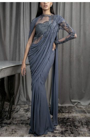 Gaurav Gupta Saree, Saree Gown Party Wear, Pushed Back Hair, Drape Sari, Solid Saree, Indian Dress Up, Reception Outfits, Drape Sarees, Gaurav Gupta