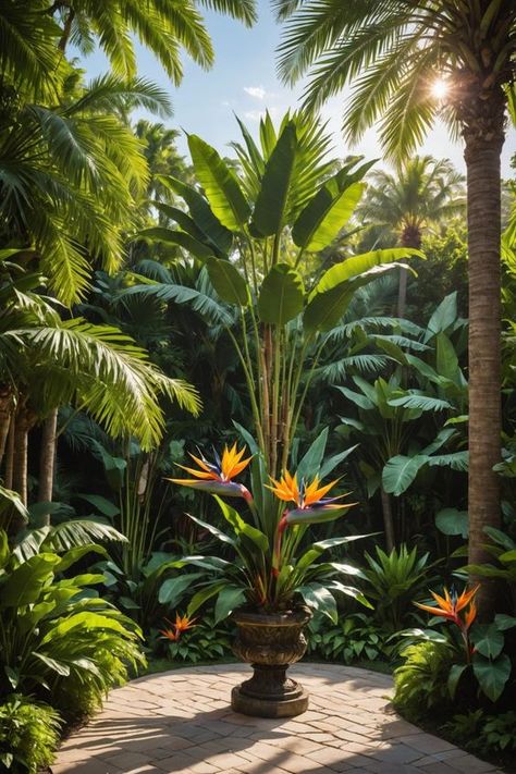 20 Tropical Garden Landscaping Ideas - Toolz Geek Strelitzia Garden Design, Tropic Interior Design, Tropical Landscape Lighting, Subtropical Garden, Hawaii Garden, Tropical Garden Plants, Tropical Botanical Garden, Amazon Flowers, Vilamoura Portugal