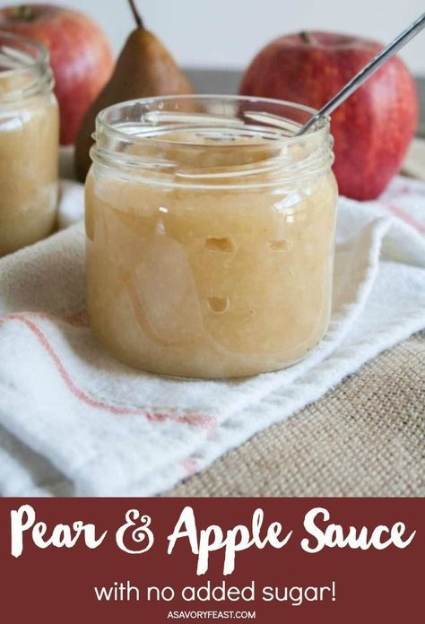 Kids and adults will love this healthy snack! Fresh apples and pears made into a homemade sauce with no added sugar. You won’t believe how easy this recipe is to make at home! Once you try it, you’ll never go back. Apples And Pears Recipes, Apple Pear Sauce, Pear Applesauce, Pear Sauce Recipe, Canning Pears, Fruit Sauces, Canning Apples, Pear Sauce, Pear Butter