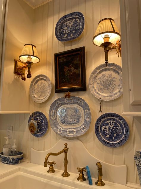 Blue And White Cottage Decor, Gallery Wall In Kitchen, Above Sink Decor, Grandmillenial Kitchen, French Chinoiserie, Sink Decor, Cottagecore Home, Blue White Decor, Gallery Walls