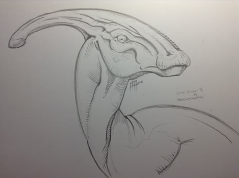 Dinovember day 1 - Parasaurolophus (pencil, mobile camera) - Ryan McMurry 2016 Parasaurolophus Drawing, Dinosaur Drawing Sketch, Parasaurolophus Tattoo, Parasaurolophus Art, Drawing Dinosaurs, Dinosaur Aesthetic, Dinosaur Reference, Dinosaur Ideas, Dinosaur Pencil