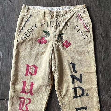 Black State on Instagram: "50s Purdue Senior Cords 🍒 Here’s a great pair old old senior cords from Purdue university. This pair features a funny cherry picking detail at the top along with a bullseye on the back. Measures to Size 31 x 29 SOLD #60s #60svintage #vintage60s #60sstyle #60sfashion #50s #50svintage #vintage50s #50sstyle #50sfashion #seniorcords #vintagecorduroy #vintagecorduroyjacket #purdue #purdueuniversity" Painting Pants, Senior Cords, 60’s Style, Cord Pants, Cherry Picking, Cord Skirt, Purdue University, Cords Pants, Evolution Of Fashion