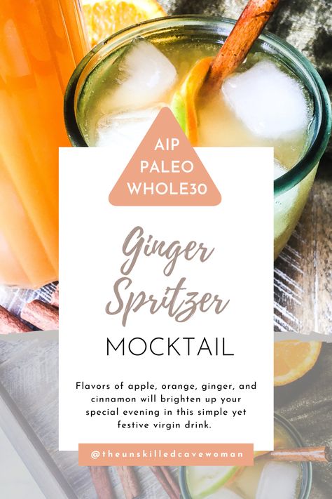 Keep it 0% proof with this Paleo Ginger Spritzer Mocktail, with orange, apple and cinnamon! It’s both AIP compliant and Whole30 friendly. Virgin cocktails brighten up your special night with this simple yet festive virgin drink and ring in the new year with zero boozy or sugar hangovers. The beautiful fruit slices mixed with the apple juice and seltzer look so beautiful in a mason jar or a martini glass. Aip Mocktails, Whole 30 Drinks, Apple Snack Recipes, Aip Drinks, Fall Recipes Snacks, Autoimmune Diet Recipes, Mocktail Bar, Virgin Cocktails, Virgin Drinks