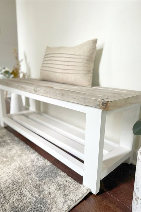 farmhouse entryway bench Diy Farmhouse Entryway Bench, Diy Seating Bench With Storage, Entry Way Bench Diy Plans, Homemade Bench Indoor, Diy Bench With Shoe Storage, Diy Bench With Shelf, Diy Shoe Bench Entryway, Shoe Bench Entryway Diy, Wood Working Ideas For Home