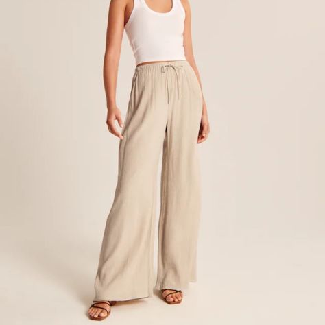 Nwt, Size Xs Long Ultra High Rise Wide Leg Pants In A Breezy, Crinkle Textured Fabric, Featuring A Pull-On Style Elasticated Waistband And Functional Drawcords For Comfort And Adjustability. Imported. Lining:100% Viscose / Body:85% Viscose, 15% Nylon Machine Wash Cold, With Like Colors Only Non-Chlorine Bleach Line Dry Low Iron If Needed Do Not Dry Clean Capsule Wardrobe 2023 Summer, High Rise Wide Leg Pants, Neutral Pants, Minimal Chic Style, Capsule Wardrobe Basics, Abercrombie (women), Slacks For Women, Light Brown Color, Linen Blend Pants