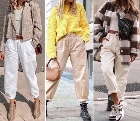 Slouchy es el nombre del pantalón que es tendencia (el regreso del baggy de los años 80) Baggy Trousers Outfit, Beige Jeans Outfit, Slouchy Outfit, Woman Office, Baggy Jeans Outfit, Outfits Baggy, Beige Jeans, White Jeans Outfit, Trouser Outfit