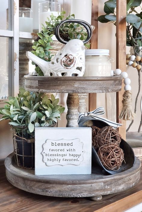 BLESSED FAVORED WITH BLESSINGS; HAPPY HIGHLY FAVORED THIS LIISTING IS FOR 1 SIGN . THESE ARE THE PERFECT ADDITION TO A TIERED TRAY OR ANY DECOR GROUPING THAT NEEDS THAT SPECIAL LITTLE TOUCH. THEY SIT PERFECTLY ON THEIR OWN. DIMENSIONS: APPOX. 6 x 5 SIGN SURROUNDS CAN BE ORDERED IN WHITE DISTRESSED OR STAINED. THE INNER FACES ARE PAINTED IN WHITE AND DISTRESSED. LETTERING IS PAINTED IN BLACK SIGN IS MADE FROM REAL WOOD AND SHOULD BE EXPECTED TO POSSIBLY HAVE KNOTS, OR DENTS. THIS JUST ADDS TO THE Farmhouse Island Decor Kitchen, Kitchen Tray Decor, Distressed Lettering, Organized Clutter, Rustic Stools, Black Sign, Highly Favored, Spring Table Decor, Shelf Decoration