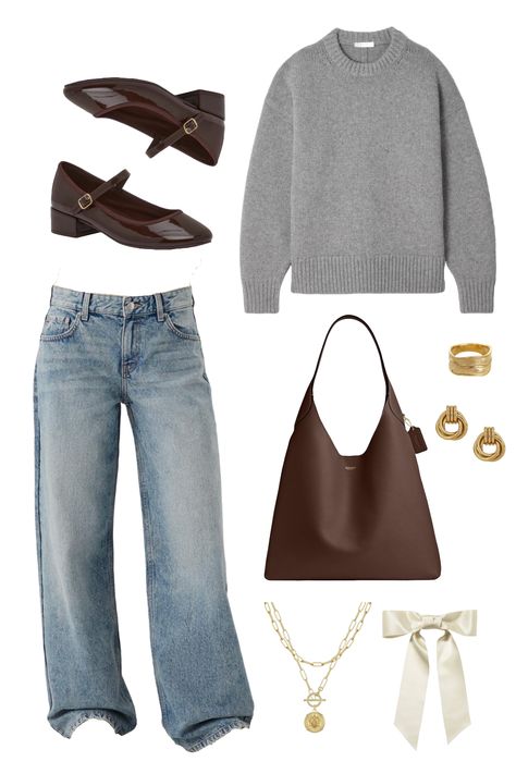 Get Cozy with the Cutest Fall Outfit!  Sweater weather is here and we’re all about it! Check out this adorable gray sweater paired with blue jeans and a brown bag. But let’s not forget about the gold jewelry and bows that add the perfect touch of glam. This look is not only cute, but it’s also super comfortable and versatile for any occasion.  #FallFashionInspo #FallFashion #CozyAndCute #GoldJewelry Grey And White Striped Sweater Outfit, Light Denim Jeans Outfit Winter, Light Gray Sweater Outfit, Light Grey Sweater Outfit, Light Blue Sweater Outfit, Light Denim Jeans Outfit, Blue Sweater Outfit, Striped Sweater Outfit, Grey Sweater Outfit