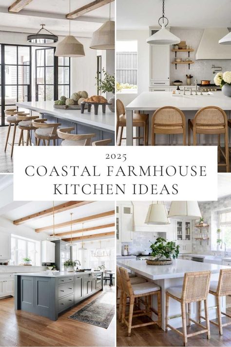 With its light and airy aesthetic, coastal farmhouse interior design perfectly blends modern coastal and modern farmhouse styles -- with timeless decor ideas and dream home inspiration for the living room, bedroom, kitchen, bathroom, entryway, dining room, and more! Modern Coastal Home Kitchen, Coastal Farmhouse Kitchen Island, Modern Coastal Farmhouse Kitchen, Farmhouse Coastal Kitchen, Coastal Farmhouse Interior, Coastal Modern Kitchen, Modern Farmhouse Kitchen Table, White Coastal Kitchen, Farmhouse Interior Design Ideas