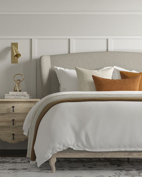 Winged Headboard, Cabriole Legs, Weathered Oak, Understated Elegance, Rustic Charm, Upholstery, Bedroom, Bed