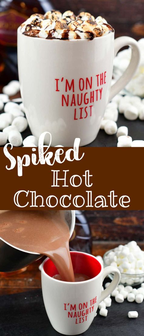 This Spiked Hot Chocolate is made delicious with Godiva chocolate liqueur and bourbon, the best combination of liquor for homemade hot chocolate. Brandy Hot Chocolate, Hot Chocolate Liquor Drinks, Godiva Chocolate Liquor Recipes, Boozy Crockpot Hot Chocolate, Booze Hot Chocolate, Rum Chata Hot Chocolate, Godiva Chocolate Liquor, Boozy Hot Chocolate Bombshell Recipe, Bailey’s Hot Chocolate