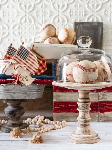 baseballs, patriotic vignette, flags Vintage Patriotic Vignettes, Patriotic Vignette, Vintage Baseball Decor, Diy Flag, Handmade Flags, Campfire Marshmallows, Vintage Booth, Tiered Tray Ideas, Baseball Decor