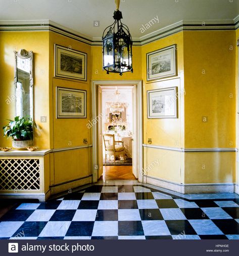 Download this stock image: A hallway with yellow walls and checkered flooring. - HPNHGE from Alamy's library of millions of high resolution stock photos, illustrations and vectors. Yellow And White Hallway, Yellow Victorian Hallway, Checkered Flooring, Yellow Hallway, Harlem Apartment, Arranging Furniture, Coved Ceiling, Mahogany Paneling, Old Lanterns