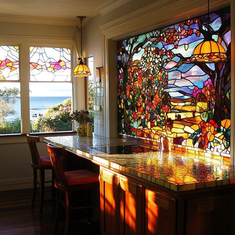 A stained glass kitchen is a vibrant and artistic space where functionality meets timeless beauty. The cabinets and windows are adorned with intricate stained glass panels that catch the light, casting colorful reflections throughout the room. Each piece of stained glass is carefully crafted, featuring patterns inspired by nature, geometric designs, or abstract art, creating a unique and personalized aesthetic. The interplay of light through the glass transforms the kitchen into a dynamic env... Stained Glass Bar, Window Library, Stained Glass Kitchen, Artistic Space, Glass Bar, Stained Glass Panels, Glass Kitchen, Inspired By Nature, Screen Savers