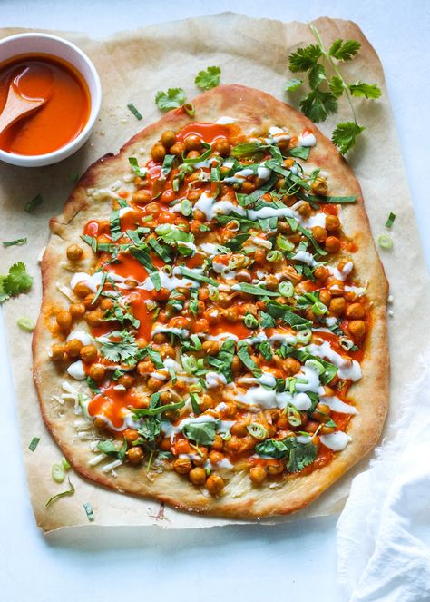 Buffalo Chickpea Pizza – It's All Good Vegan Chickpea Pizza, Buffalo Chickpea, Homemade Crust, Buffalo Wing, Healthy Vegan Dinner, Vegan Ranch, Buffalo Wing Sauce, Large Pizza, Wing Sauce