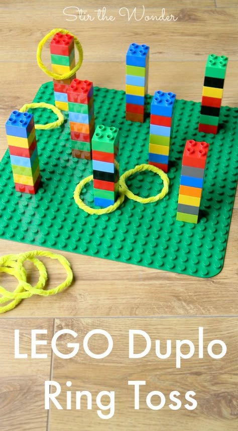 LEGO DUPLO Ring Toss Game is fun for kids of all ages! By building & playing this game kids will practice fine motor & math skills! Get the fun started in no time and adjust the difficulty by just adding or removing some DUPLO bricks. Lego Camp, Lego Themed Party, Lego Challenge, Lego Club, Ring Toss Game, Lego Activities, Lego Games, Lego Birthday Party, Games Kids