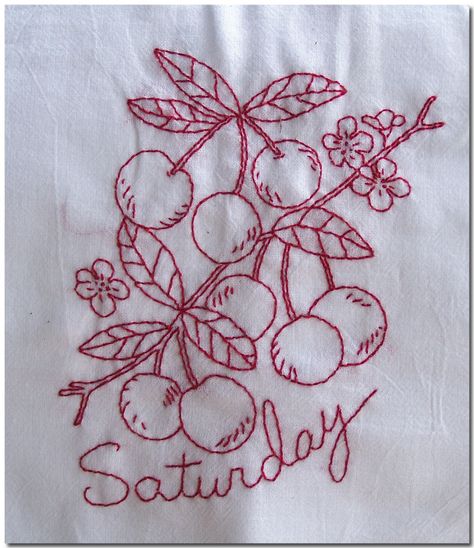 Aunt Martha's® Vintage Embroidery Transfer Pattern  #3749 Fanciful Fruit Vintage Tea Towels Embroidery, Cherry Postage Stamp Tattoo, Cute Tea Towels, Kitchen Towel Designs, Vintage Cherry Aesthetic, Embroidery Aesthetic Vintage, Tea Towel Embroidery Patterns, Vintage Patterns Design, Cherry Drawing Aesthetic