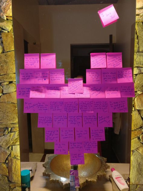 Sticky notes msgs in shape of heart. Very easy and romantic way to surprise your Loved ones. Post It Note Heart On Mirror, Sticky Notes On Mirror For Boyfriend, Sticky Notes Love Quotes For Him, Heart Post It Notes On Mirror, Mirror Heart Sticky Notes, Heart With Sticky Notes, Heart Out Of Sticky Notes, Post It Heart On Mirror, Sticky Note Heart On Mirror