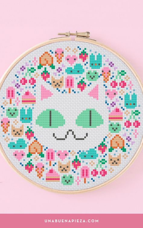 Cat cross stitch pattern. This cute kitty is surrounded by kawaii and cute elements such as sweets, tiny animals and sweet fruits. The cat will appear from the embroidery's negative space. Designed by: Una Buena Pieza. Everything Cross Stitch, Kawaii Cross Stitch, Chat Kawaii, Style Kawaii, Cat Cross Stitch Pattern, Unique Decoration, Beaded Cross Stitch, Cat Cross Stitch, Cute Cross Stitch