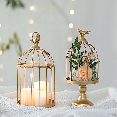 Candle Holder Flower Arrangement, Fireplace Decor Mantle, Decorative Birdcage, Bird Cage Candle, Bird Cage Candle Holder, Bird Cage Centerpiece, Chic Candles, Wedding Birdcage, Fireplace Mantle Decor