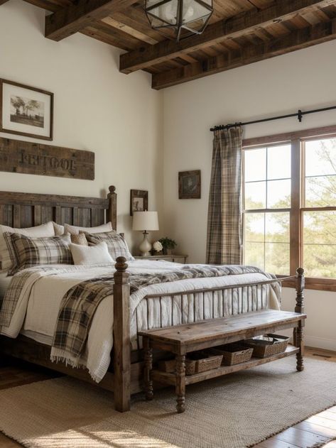 Rustic Farmhouse Bedroom Ideas, Eclectic Bedroom Ideas, Spring Bedroom Decor, Cozy Farmhouse Bedroom, Industrial Style Bedroom, Rustic Farmhouse Bedroom, Distressed Wood Furniture, Farmhouse Bedroom Ideas, Cabin Bedroom