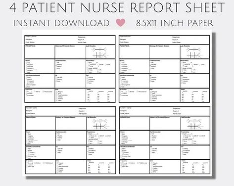 Four Patient Nurse Report Sheet template. SBAR RN Handoff. Simple full patient assessment. Med Surg brain sheet. Nursing Student report PDF. #medsurg #reportsheet #nursingstudent #nursingschool #newgradnurse Rehab Nursing, Patient Care Tech, Nurse Brain Sheet, Nurse Organization, Nurse Brain, Nurse Report Sheet, Charge Nurse, Med Surg Nursing, New Grad Nurse