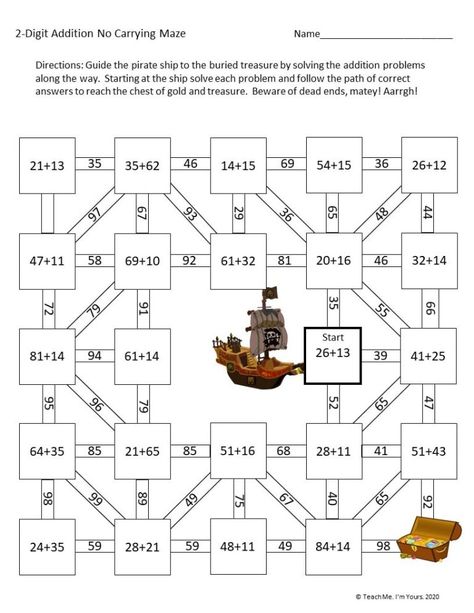 FREE 2-Digit Addition Math Maze (No Carrying) | Teach Me. I'm Yours. Pirate Math Worksheets, Math Activities For Grades 3-5, Fun Math Worksheets 2nd Grade, Math For Grade 5, Maths Worksheets Grade 2, Pirate Maths Activities, Math Puzzles For Kids, Math 2nd Grade, Pirate Maths