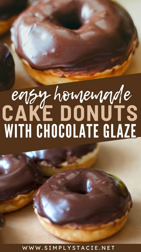 Cake Donuts with Chocolate Glaze are the perfect way to kickstart your downtime. Golden brown baked cake donuts that have a delicate and light texture. They are then topped with a homemade chocolate glaze that brings the donut together nicely! Skip the deep fryer and make baked donuts, that will curb that sweet craving. Homemade Cake Donuts Recipe Easy, Easy Chocolate Glaze For Donuts Recipe, Chocolate Donut Icing Recipe, Chocolate Bar Donut Recipe, Mini Chocolate Donut Recipe, Donut Cake Pan Recipe, Donut Shop Recipes, Bake Donuts Recipe Easy, Doughnut Cake Recipe