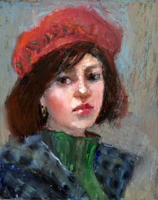 Red Hat - original oil pastel portrait Portrait With Oil Pastel, Oil Pastel People Art, Oil Pastel Art Portrait, Oil Pastel Art Face, Side Profile Oil Pastel, Face Sketch Oil Pastel, Oil Pastel Portrait, Face Oil Pastel, Red Hair Portrait Painting