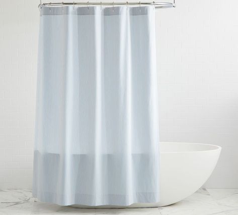 Wheaton Striped Organic Shower Curtain | Pottery Barn Canada Pottery Barn Curtains, Waffle Weave Shower Curtain, Outdoor Dinnerware, Small Entryways, Cotton Shower Curtain, Striped Shower Curtains, Floral Shower Curtains, Shower Curtain Rings, Colorful Curtains